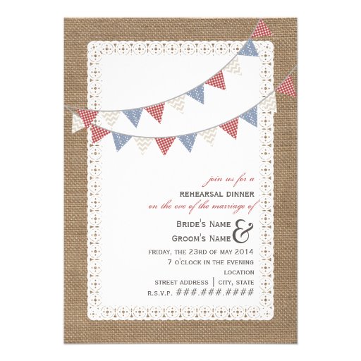 Burlap Inspired Patterned Bunting Rehearsal Dinner Personalized Announcement
