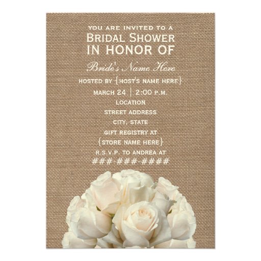 Burlap Inspired White Roses Bridal Shower Invite