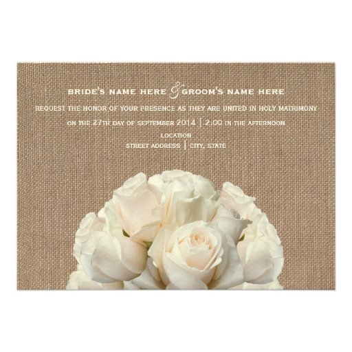 Burlap Inspired White Roses Wedding Invitation