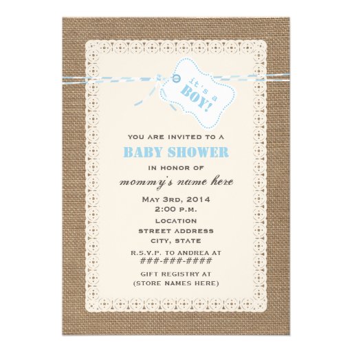 Burlap Lace & Blue Twine Inspired Baby Shower Custom Invitations