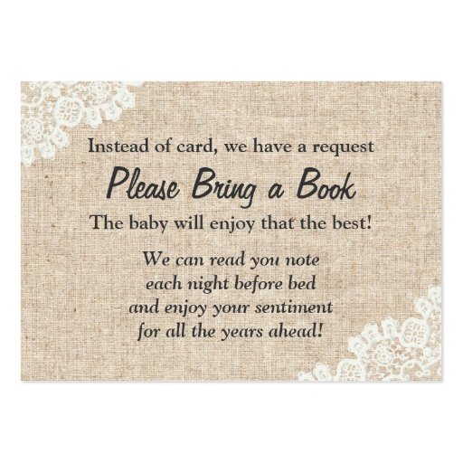 Burlap & Lace Bring a Book Baby Shower Insert Business Card (front side)