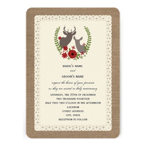 Burlap + Lace Inspired Christmas Wedding Deer Custom Invites