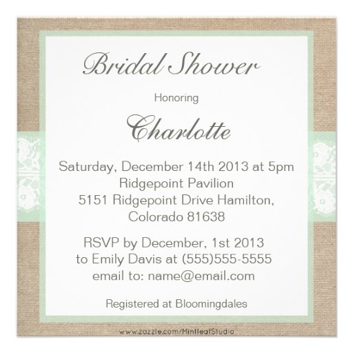 Burlap & Lace Mint Customizable Bridal Shower Invitation