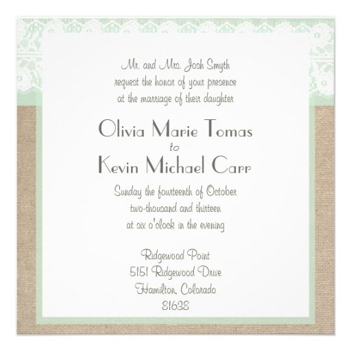 Burlap & Lace Mint Customizable Wedding Invitation