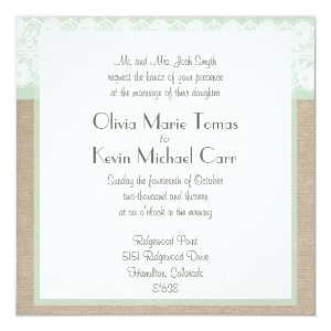 Burlap & Lace Mint Customizable Wedding Invitation 5.25