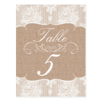 Burlap & Lace Print Wedding Table Number Cards postcards