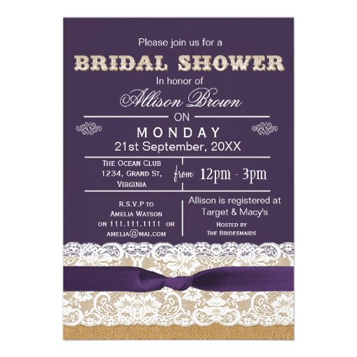 Burlap , lace,purple rustic bridal shower Invites
