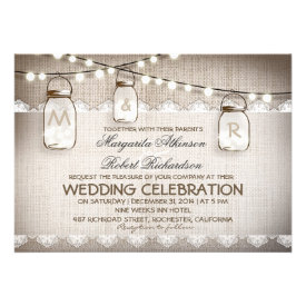 burlap lace string lights and mason jars wedding custom announcements