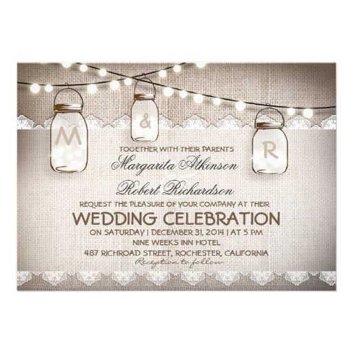burlap lace string lights and mason jars wedding custom announcements (front side)