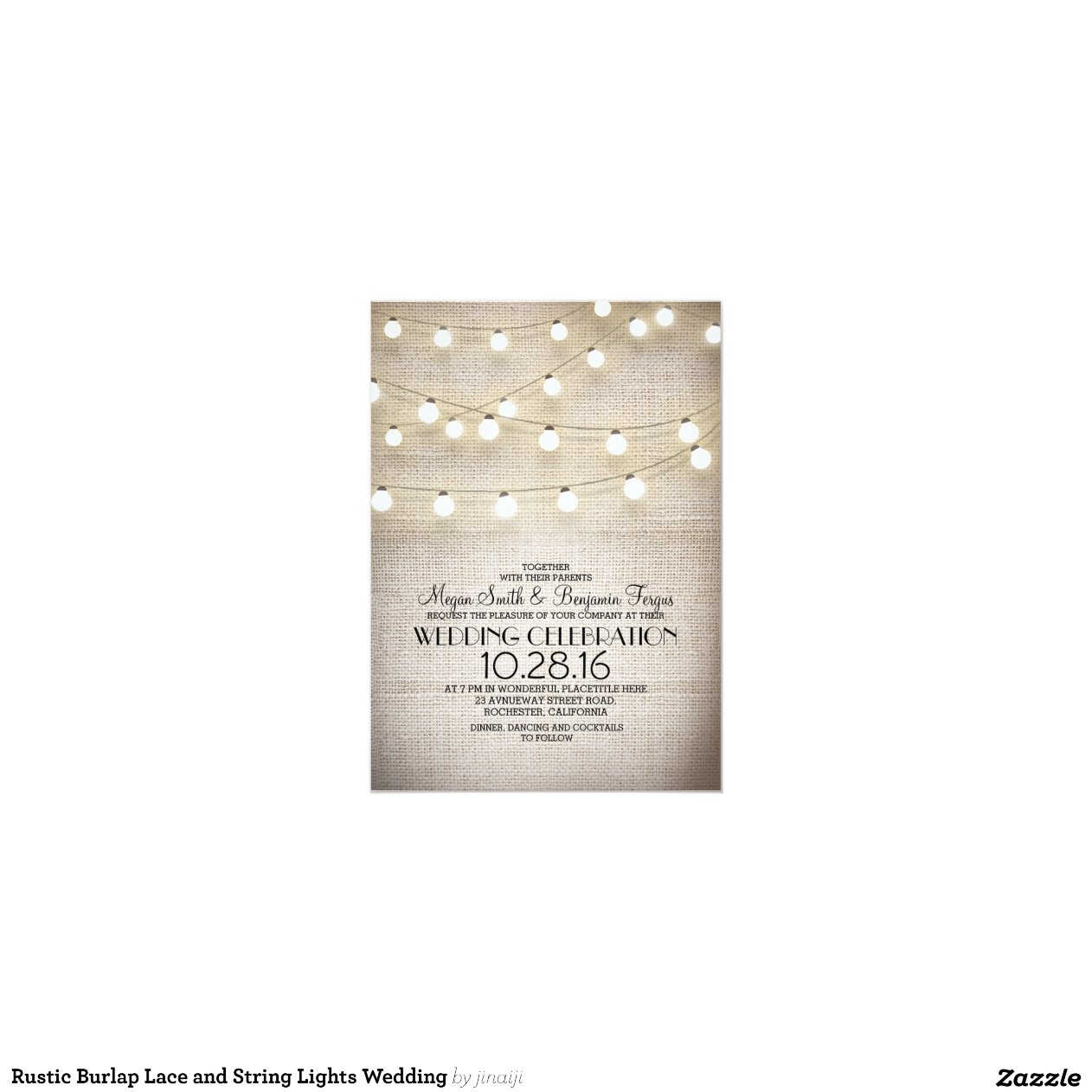 burlap lace & string lights rustic wedding invites 5" x 7" invitation