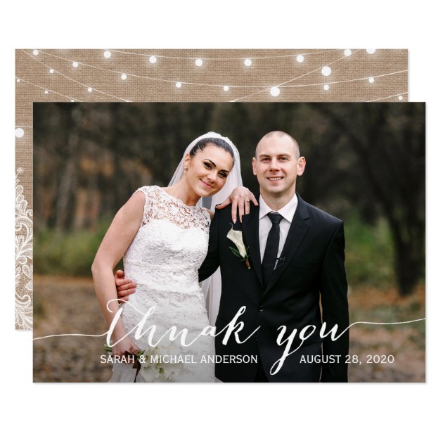 Burlap Lace String Lights Wedding Photo Thank You Card (front side)