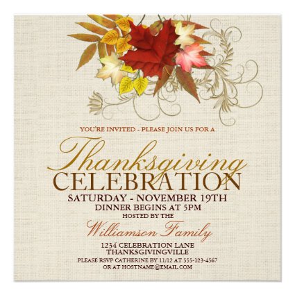 Burlap & Leaves Thanksgiving Dinner Invitation