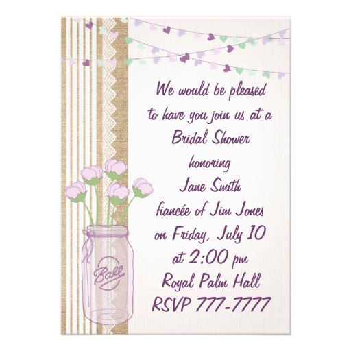 Burlap Lilac Purple Mason Jar Bridal Shower Invita Personalized Invitation