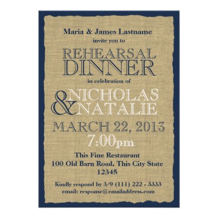 Burlap Look Rehearsal Dinner Navy Blue Custom Invite