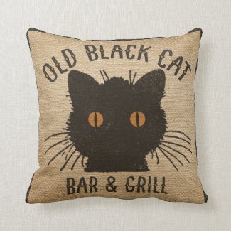 Burlap Old Black CAt Bar and Grill Throw Pillows