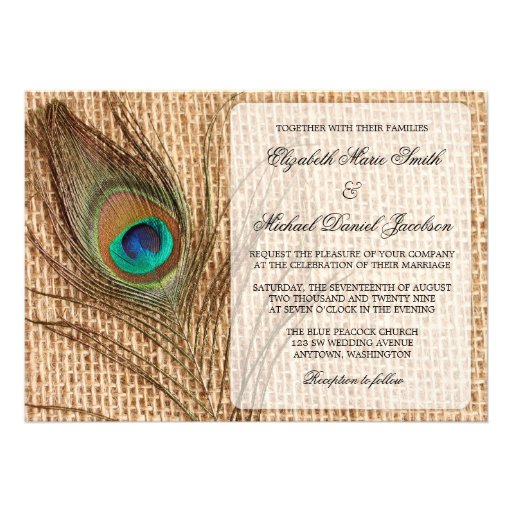 Burlap Peacock Feather Wedding Invitation