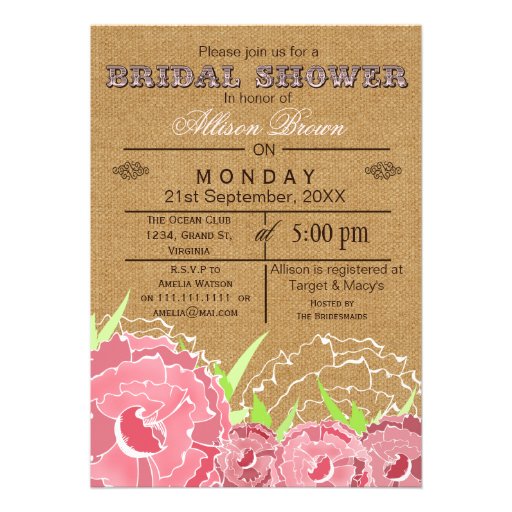 Burlap , pink floral, rustic bridal shower Invites