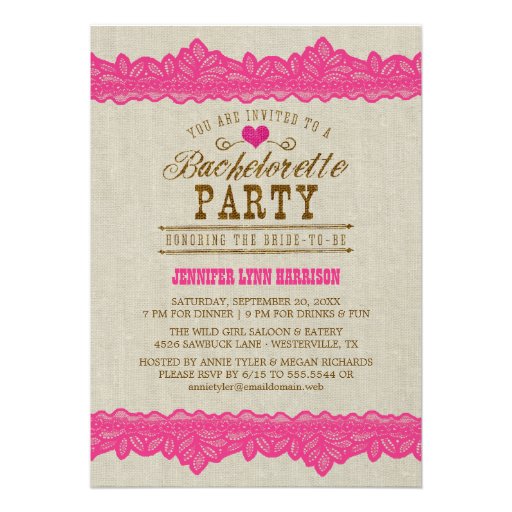 Burlap & Pink Lace Bachelorette Party Invitation