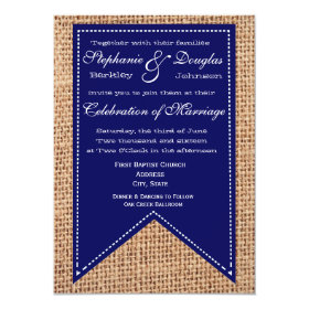 Burlap Print Blue Rustic Wedding Invitations 4.5