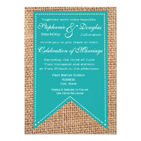 Burlap Print Turquoise Rustic Wedding Invitations 4.5