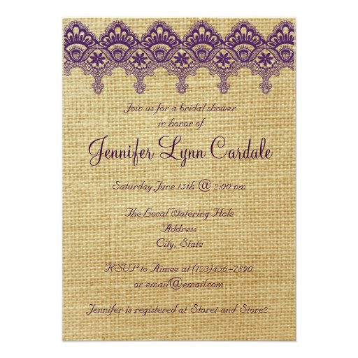 Burlap Purple Damask Lace Bridal Shower Invitation