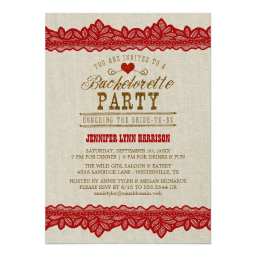 Burlap & Red Lace Bachelorette Party Invitation