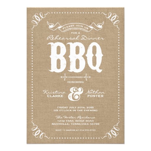 Burlap Rustic Vintage Chic Rehearsal Dinner BBQ Invites (front side)