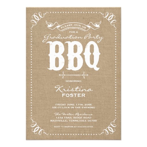 Burlap Rustic Vintage Graduation Party BBQ Personalized Invitation