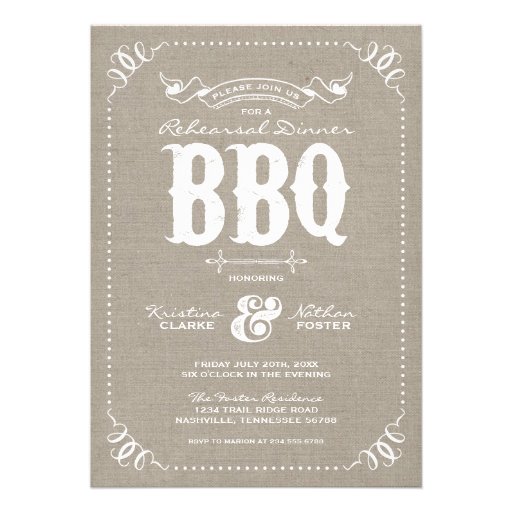 Burlap Rustic Vintage Rehearsal Dinner BBQ Personalized Invitation