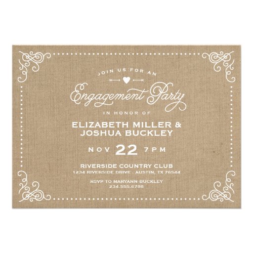 Burlap Rustic Vintage Script Engagement Party Personalized Announcement (front side)