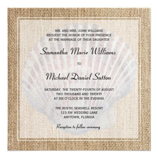 Burlap Seashell White Border Wedding Invitations