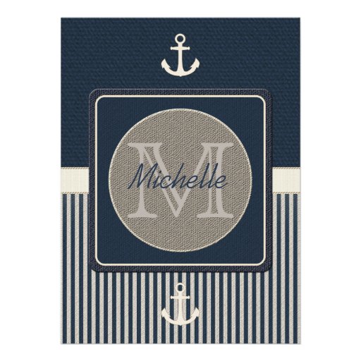 Burlap Ship's Anchor Nautical Stripe Bridal Shower Personalized Invitations