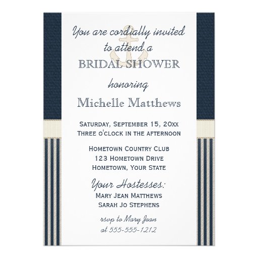 Burlap Ship's Anchor Nautical Stripe Bridal Shower Personalized Invitations (front side)