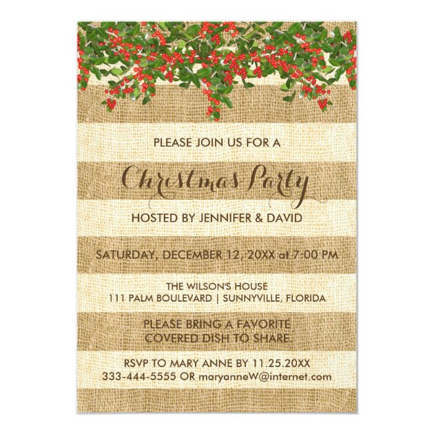 Burlap Stripes and Christmas Holly Party Card (front side)