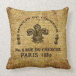 Burlap textured throw pillow with french logo