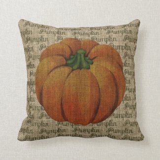 Burlap Vintage Pumpkin with Pumpkin Text Cushion Throw Pillow
