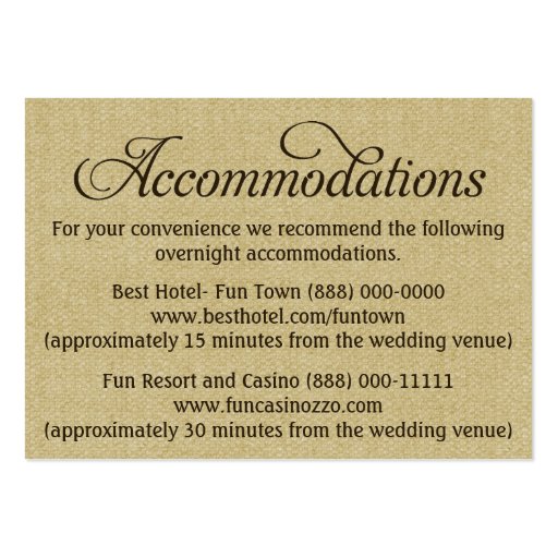 Burlap Wedding Accommodation - Reception Cards Business Card Template (front side)