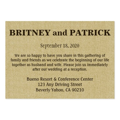 Burlap Wedding Accommodation - Reception Cards Business Card Template (back side)