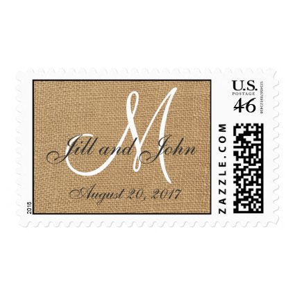 Burlap Wedding Monogram Names Date Postage Stamps