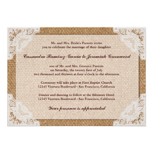 Burlap & White Lace Wedding Invitation