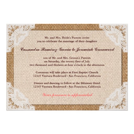 Burlap & White Lace Wedding Invitation