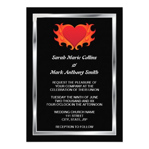 Burning heart with chrome border biker wedding personalized announcements