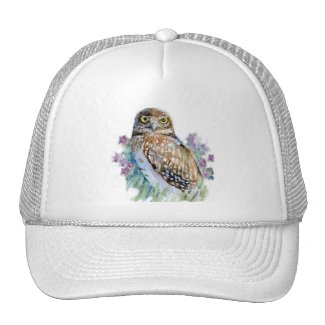 Burrowing owl in lavender hat