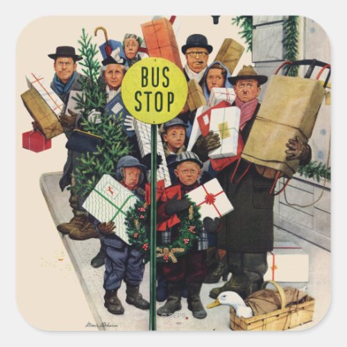 Bus Stop at Christmas | Caricature by Stevan Dohanos | Funny Sticker