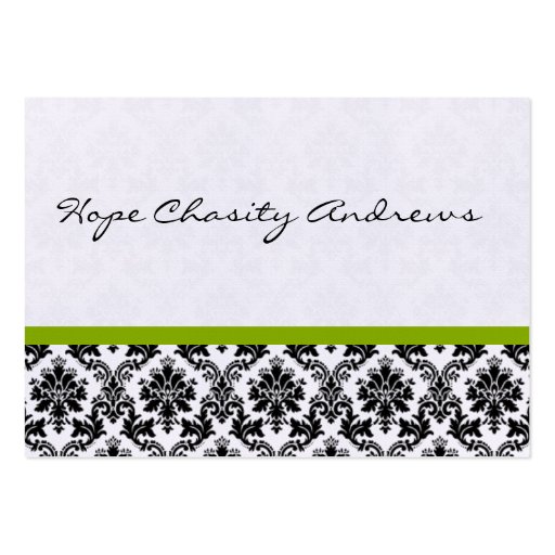 Business Card Black White Damask with Apple Green (back side)