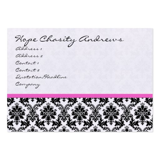 Business Card Black White Damask with Pink Ribbon