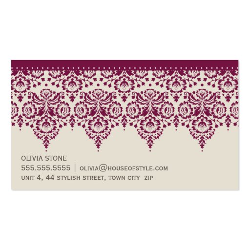 BUSINESS CARD classy damask cranberry red cream (back side)