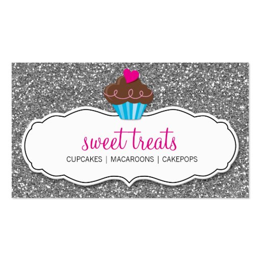 BUSINESS CARD cute cupcake pink silver glitter (front side)