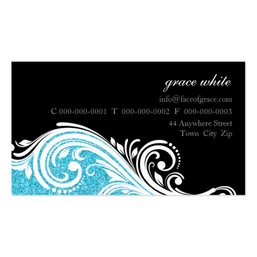 BUSINESS CARD elegant swirl aqua  glitter black (back side)