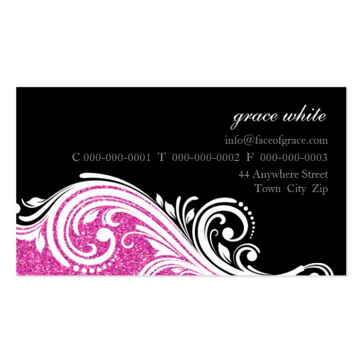 BUSINESS CARD elegant swirl hot pink glitter black (back side)